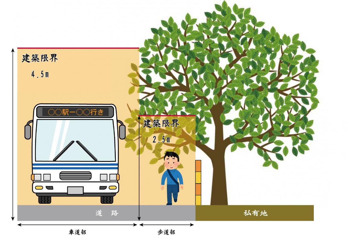 バスが走る車道部と人が歩く歩道部からなる道路と私有地があり、道路上空の建築限界が車道部では4.5メートル、歩道部では2.5メートルと示された、建築限界を示すイラスト