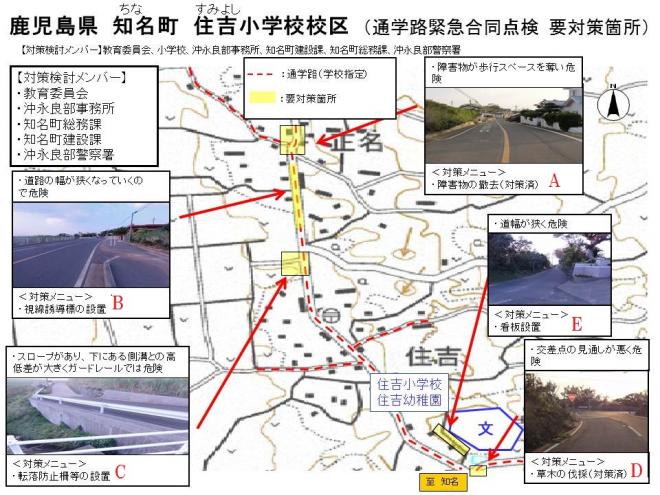 住吉小学校 通学路緊急合同点検要対策箇所を示した図