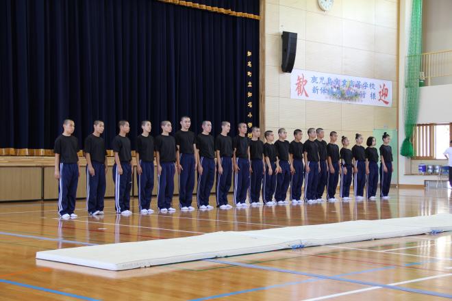 体育館の木製の床の上に置かれた細長いマットの奥で、黒い半袖シャツと濃い色のトレーニングパンツを着用した18人ほどの男子学生と数人の女子学生が整列して立っている写真