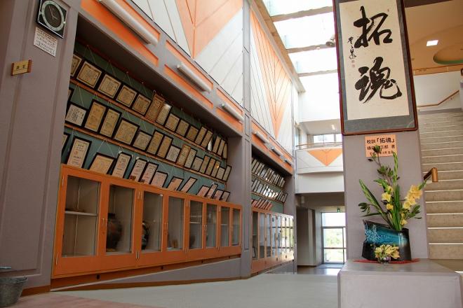 ガラス戸付きの展示ケースの下には花瓶に生けられた黄色い花が飾られているエントランスの表彰状と校訓の「拓魂」の写真