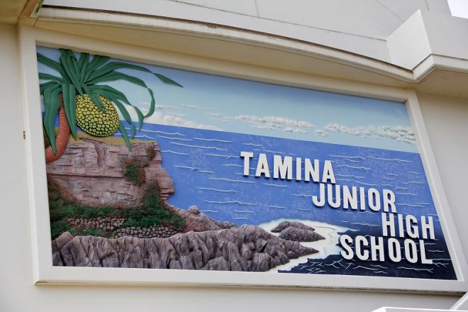 校舎の白い外壁に熱帯の海岸の風景が立体的に描かれた壁画が掲げられており、「TAMINA JUNIOR HIGH SCHOOL」と浮き出し文字で記された、田皆岬とアダン木の絵の壁面の写真