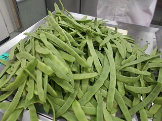台の上に、緑色の幅広で肉厚なインゲン豆が山積みにされた写真