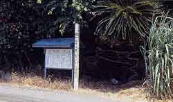 周囲を木々に囲まれた暗い道の脇に、青い屋根と白い掲示板がついた木製の掲示板が立った大型有孔虫化石密集産地の写真