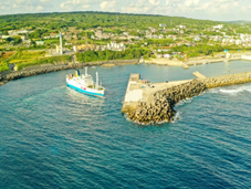 青い海に囲まれた港に白と青の大型船が停泊し、波消しブロックで囲まれた防波堤が伸びた沿岸地域の写真。