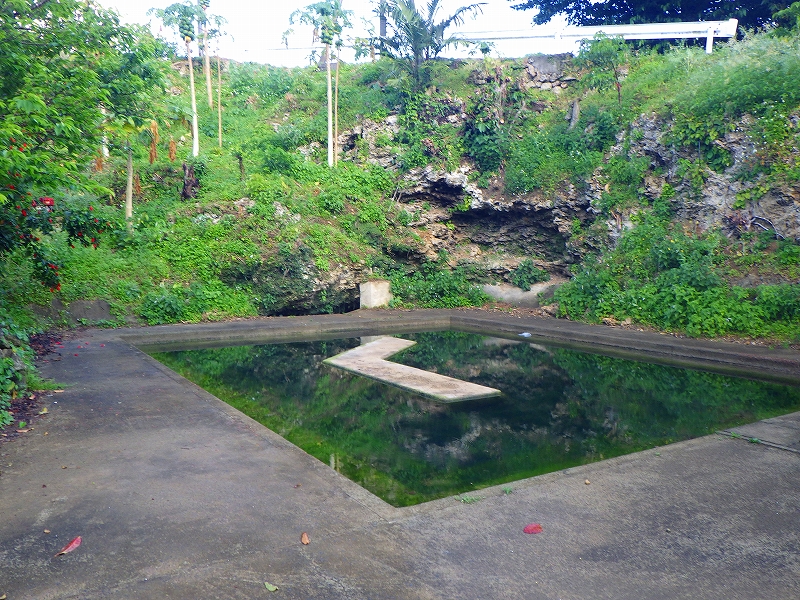 岩肌に囲まれた緑豊かな斜面の下に、コンクリートで縁取られた四角い水面があり、中央には細長いコンクリートの渡し板が浮かぶように設置され、水面には周囲の木々が映り込んでいる写真。
