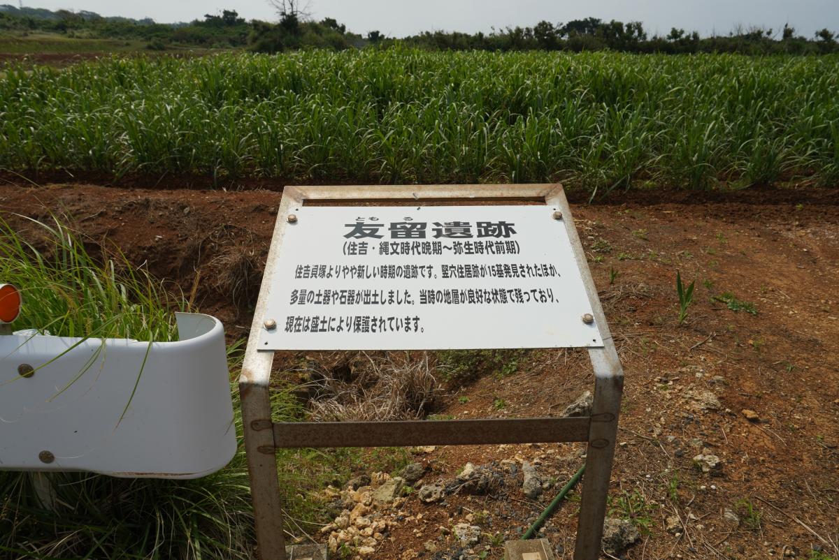 青々とした作物が広がる畑の真ん中に立つ看板には「友留遺跡」と記され、説明書きが書かれている案内版を写した写真