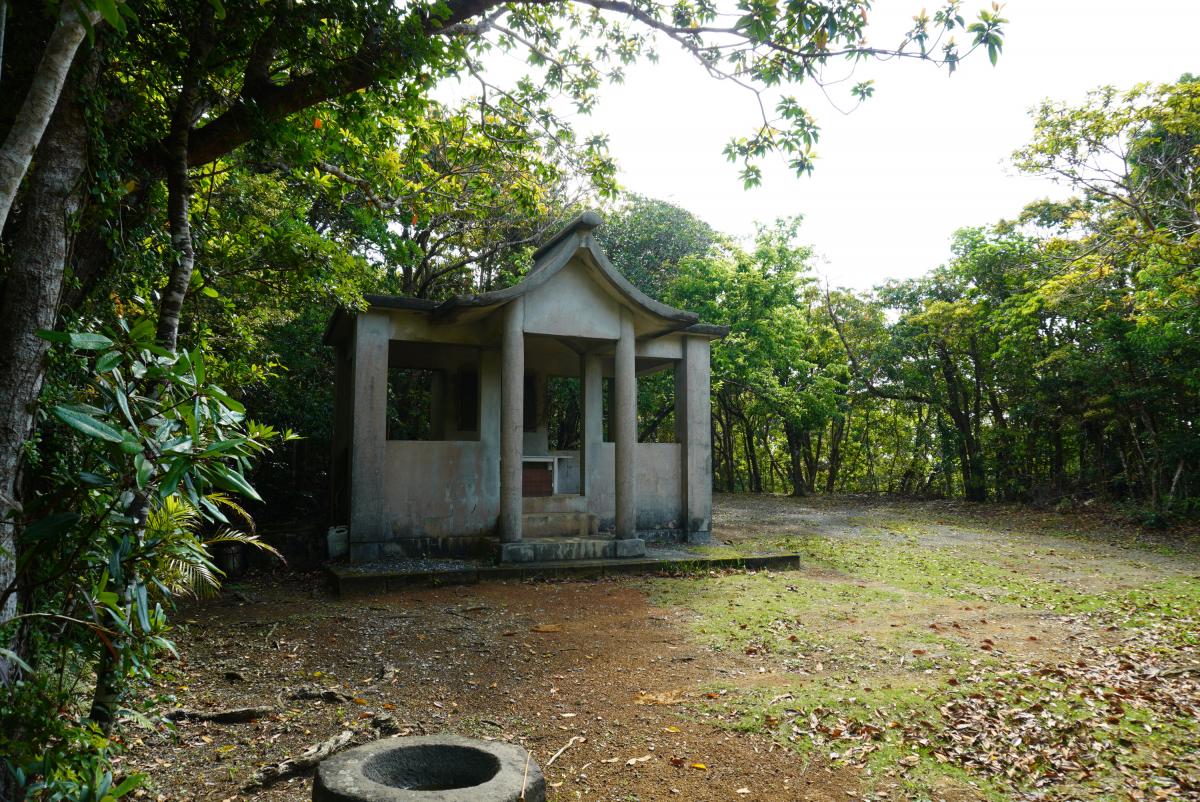 薄暗い森の木々に囲まれた、灰色のコンクリート製の祠が、正面に向かって三段の階段を持つ開口部と屋根がある大山神社の写真