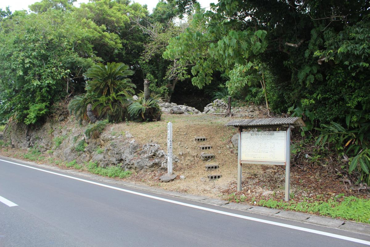 舗装された道路の脇、木々が生い茂る斜面に標柱と案内板が設置されており、斜面の上部にはヤシ科の植物や自然の岩が見える史跡の入口の写真