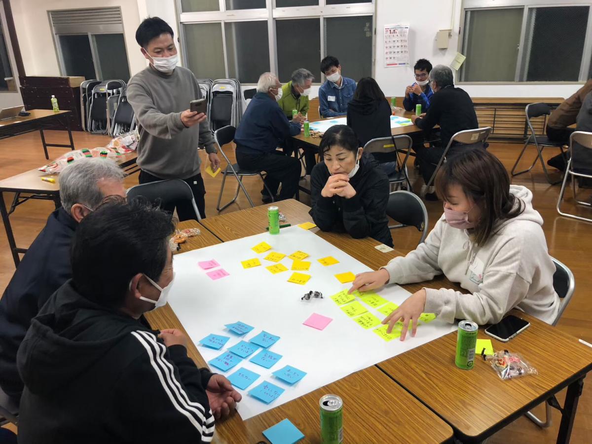 室内の複数のテーブルでグループ作業が行われ、中央のテーブルには白紙を囲んで青、黄色、ピンクの付箋が並べられ、背景には他の参加者が同様に話し合っている様子が見える写真。