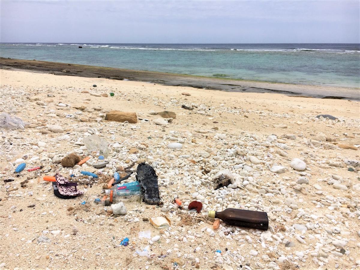 青い海と白い砂浜が広がるビーチに、ペットボトルやビニール片、ガラス瓶、黒いサンダルなど、海洋プラスチックごみや漂着ごみが散乱している写真