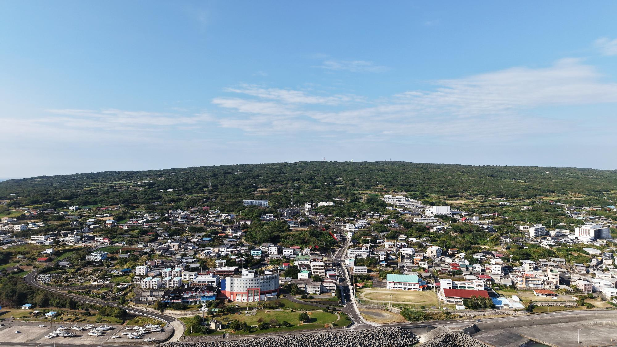 青空の下、木々が生い茂る山の麓に町並みが広がる知名町の航空写真