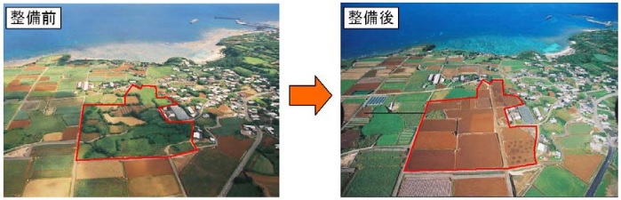 広大な海岸線沿いの農地で、左側の「整備前」の区画が右側の「整備後」の区画に比べて、均質な区画整理が進み、耕作地が拡大した様子を示す航空写真の比較図