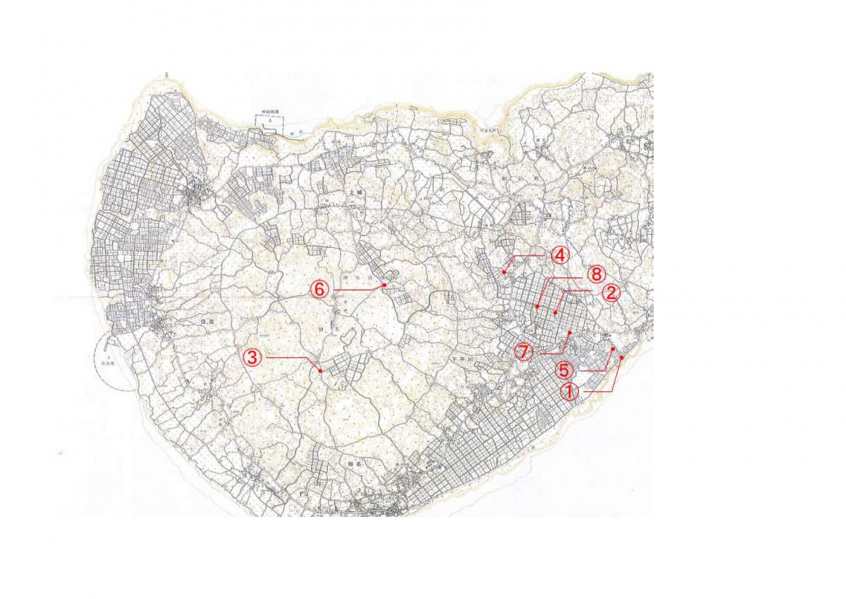 地図画像に、赤丸と数字のラベル（1から8）が付与され、橋梁の位置を指し示している地図の写真