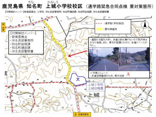 上城小学校校区 通学路緊急合同点検要対策箇所を示した図