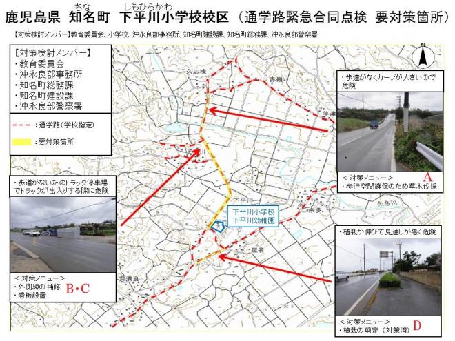 下平川小学校校区 通学路緊急合同点検要対策箇所を示した図
