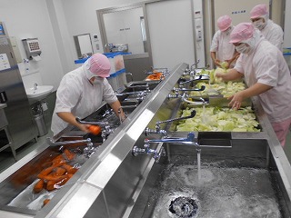 衛生的な白い作業服を着てピンクの衛生キャップを被った複数の作業員が、工業用の長いシンクで、流れる水を使って大量のニンジンとキャベツを洗浄している様子を撮影した写真