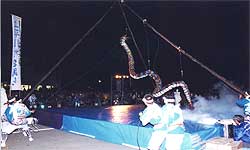 夜の屋外で、青い法被に白い鉢巻を締めた複数の人が操作する巨大な蛇の作り物が夜空の空中に持ち上げられている上平川大蛇踊りの写真