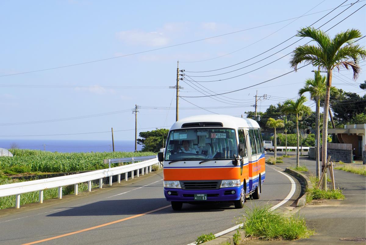 海岸線に沿った道路を走る、オレンジと青と白の車体のマイクロバスの写真