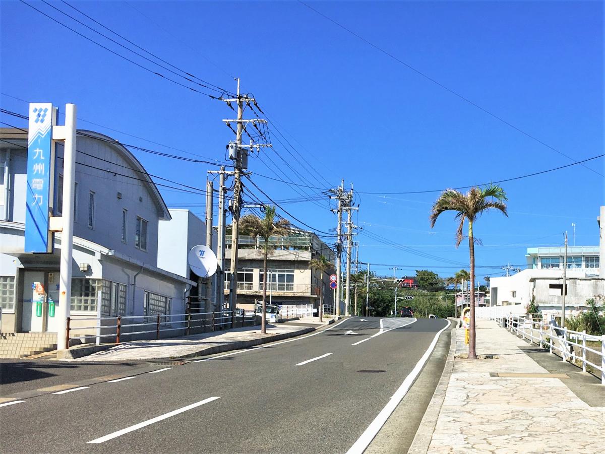 緩やかな坂道になった舗装道路が奥へと続き、左手には青い看板が掲げられた建物、歩道にはヤシの木が立っている街並みを捉えた写真