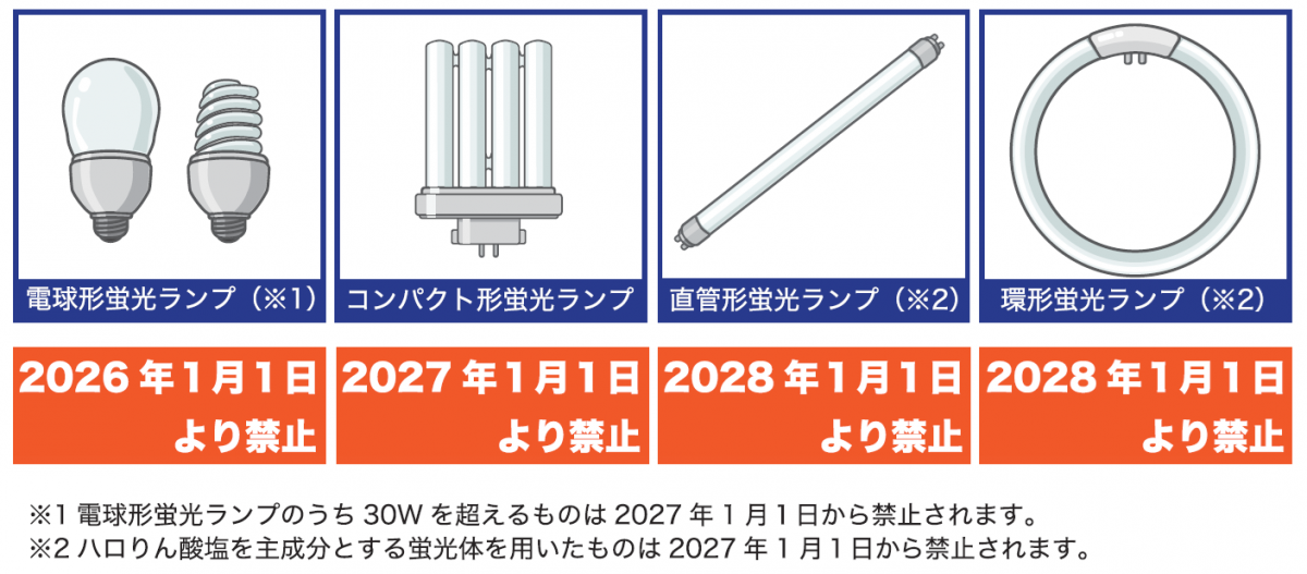 電球形、コンパクト形、直管形、環形といった各種蛍光ランプのイラストと、それぞれの製造・輸出入が禁止される期日が2026年から2028年にかけて段階的に示された、重要な規制情報を伝えるための図解チラシ