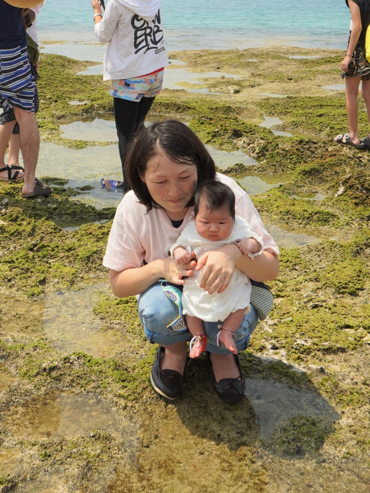 岩場に潮だまりが広がる海辺で、中央には浅い水たまりの上で座って小さな子どもを抱えている親子の写真
