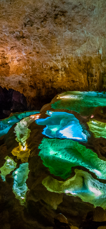 鍾乳洞の天井から無数のつらら状の鍾乳石が垂れ下がる中、足元には棚田のように連なる石灰華段のプールが鮮やかな青や緑の光でライトアップされた昇竜洞の写真（洞窟編のぺージへリンク）