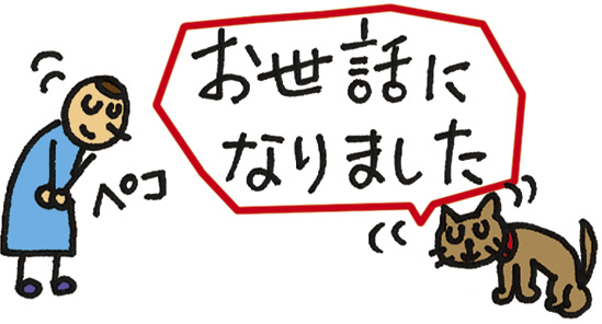 お辞儀をする人物の横にいる猫から「お世話になりました」という吹き出しが出ている、感謝を表すイラスト