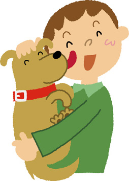 笑顔の少年が、赤い首輪をつけた茶色の犬を抱きしめ、頬を寄せて愛情を表現しているイラスト